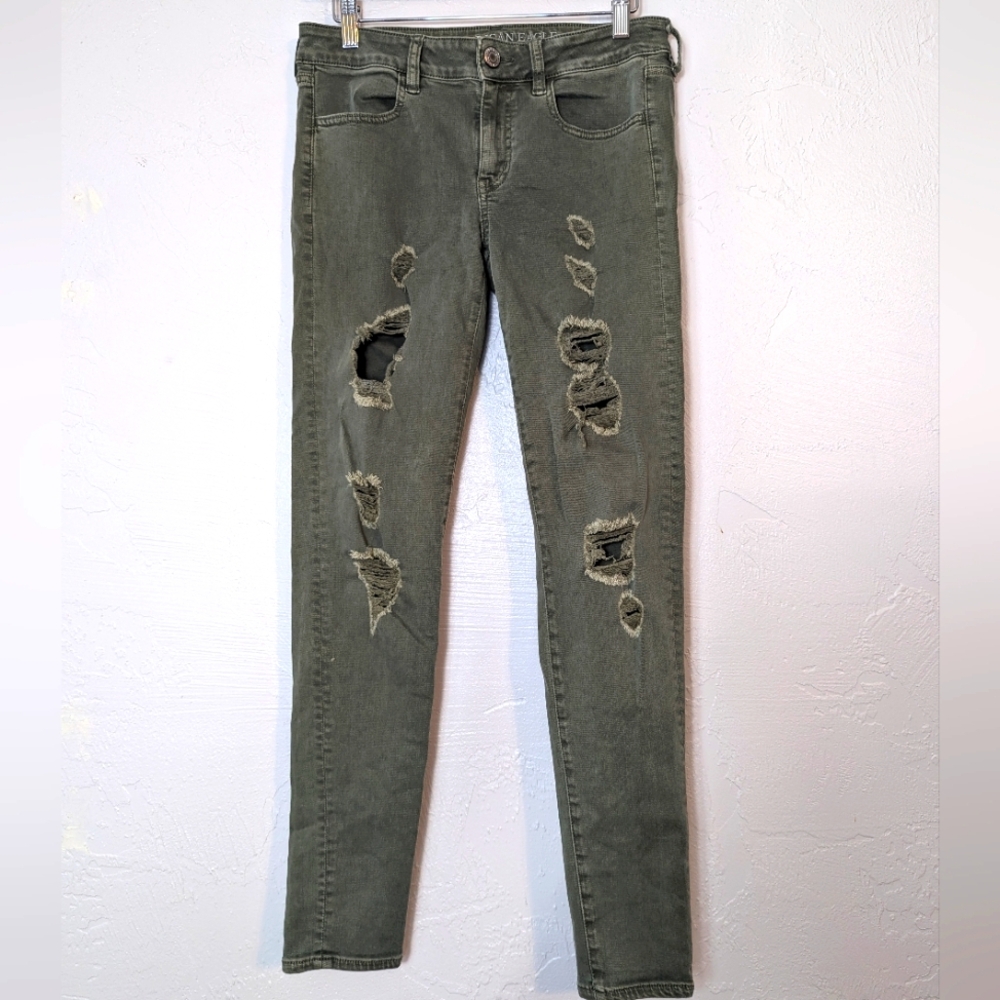 American Eagle Army Green Distressed Skinny Jeans Jegging Indie Sleeze Grunge